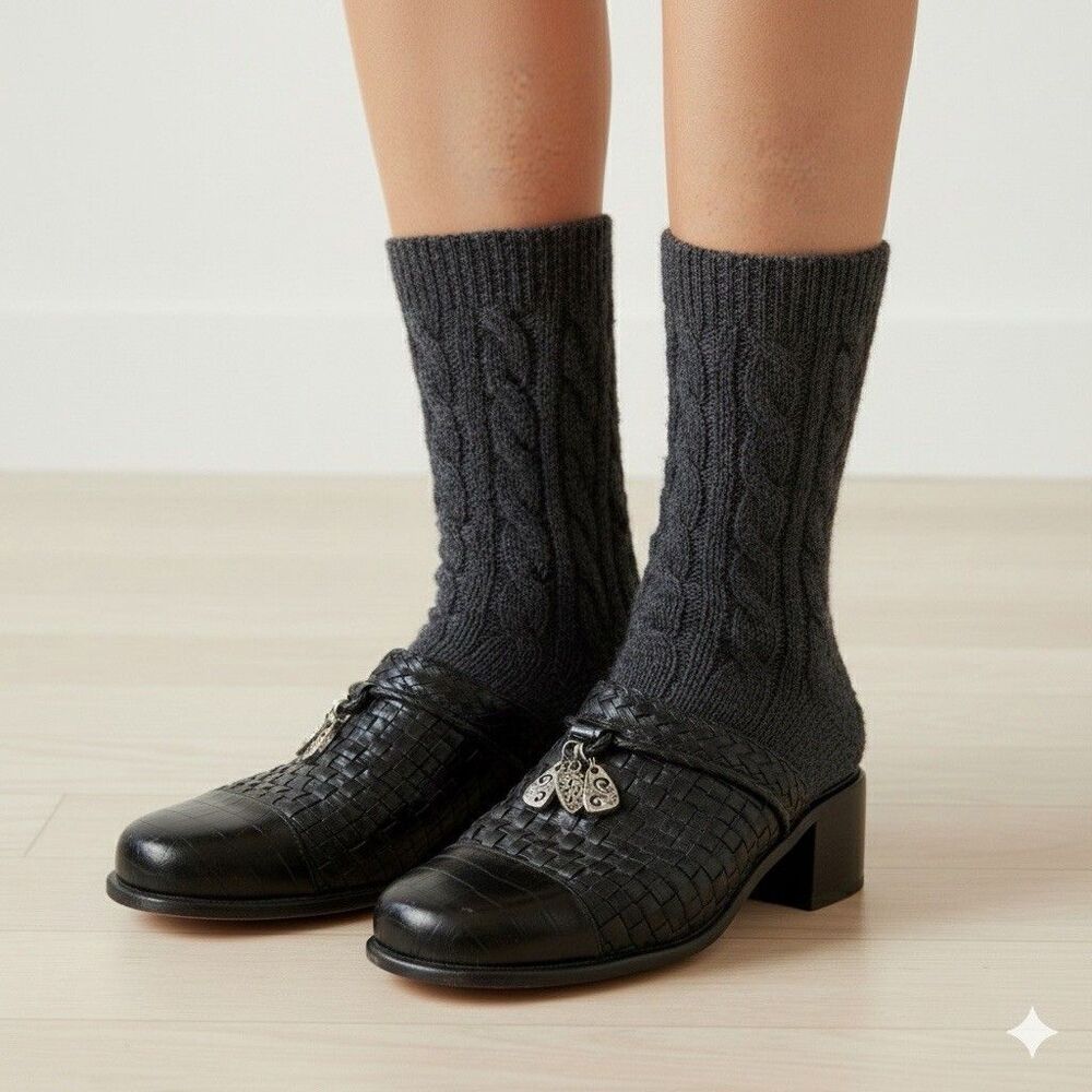 Brighton Franki Black Leather Woven Clog Mules Silver Charms Size 7.5